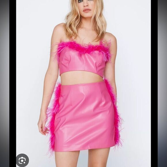 Nasty Gal Dresses & Skirts - NWT Nasty Gal pink faux leather feather trim set skirt bandeau US 6